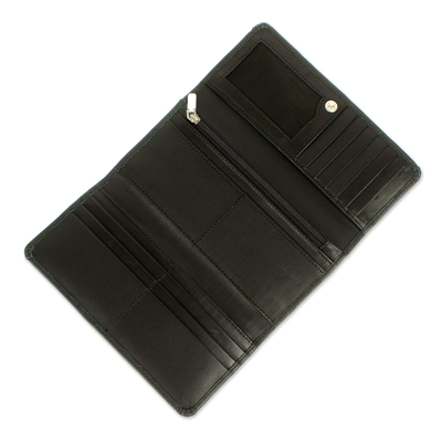 Langes dreifach faltbares Portemonnaie aus Leder - Dreifach-Geldbörse aus schwarzem Leder aus Mexiko