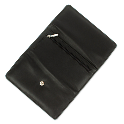 Long leather trifold wallet, 'Coporo Black' - Trifold Black Leather Wallet from Mexico
