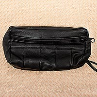 Leather wristlet, 'On Track in Black' - Black Leather Wristlet Carry All from Mexico