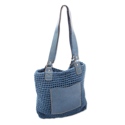 Leather-accented crocheted shoulder bag, 'Costa Azul' - Azure Crocheted Shoulder Bag from Mexico