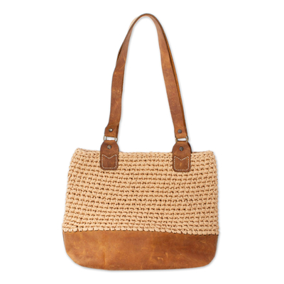 Leather-accented crocheted shoulder bag, 'Costa Maya' - Beige Crocheted Shoulder Bag with Leather Trim