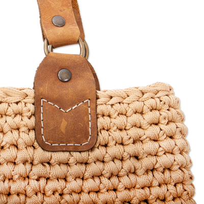 Leather-accented crocheted shoulder bag, 'Costa Maya' - Beige Crocheted Shoulder Bag with Leather Trim