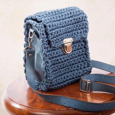 Leather-accented crocheted shoulder bag, 'Costa del Sol' - Small Crocheted Blue Shoulder Bag with Leather Trim