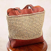 Leather and crochet shoulder bag, 'Gold Coast' - Russet Leather and Crocheted Cord Shoulder Bag