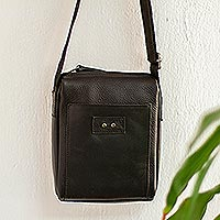 Leather shoulder bag, 'Brooklyn Bound in Black' - Unisex Black Leather Shoulder Bag from Mexico