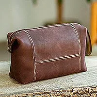 Neceser de piel, 'Brooklyn Bound in Brown' - Neceser de viaje unisex de piel marrón