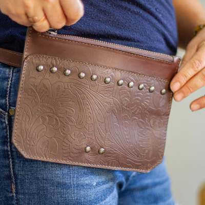 Leather waist bag, 'Caballera' - Tooled Leather Waist Bag from Mexico