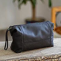 Leather toiletry case, 'Open Road in Black' - Unisex Black Leather Toiletry Case