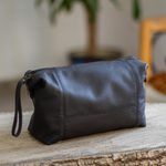 Leather toiletry case, 'Open Road in Black' - Unisex Black Leather Toiletry Case