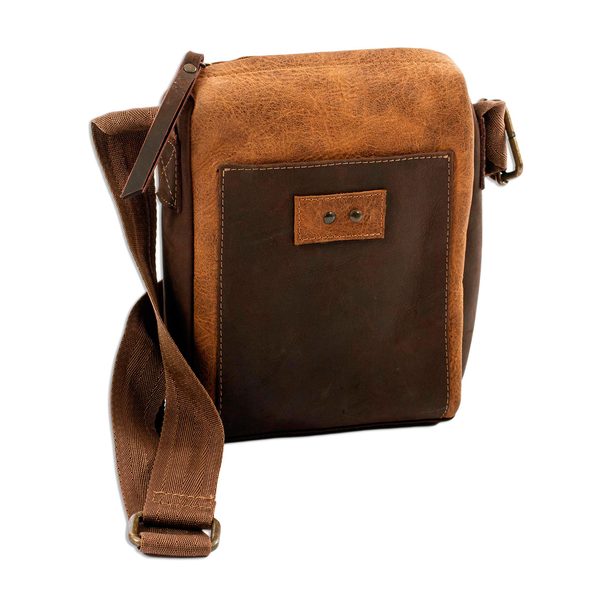 Unisex Brown Leather Shoulder Bag - Open Road in Brown | NOVICA