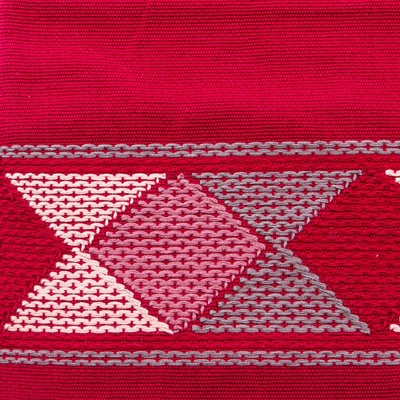 Cotton cushion covers, 'Red Maya Diamonds' (pair) - 2 Handwoven Red Cotton Cushion Covers w/ Pink & Grey