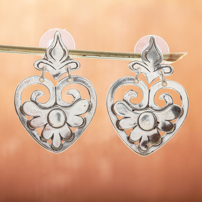 Sterling silver dangle earrings, 'Tarascan Hearts' - Heart Shaped Sterling Silver Dangle Earrings