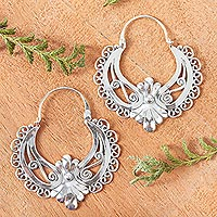 Sterling silver hoop earrings, 'Mexican Rococo' - Ornate Sterling Silver Hoop Earrings