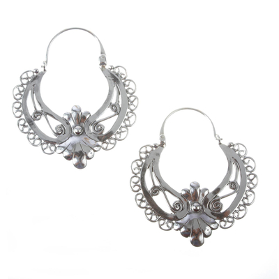 Sterling silver hoop earrings, 'Mexican Rococo' - Ornate Sterling Silver Hoop Earrings