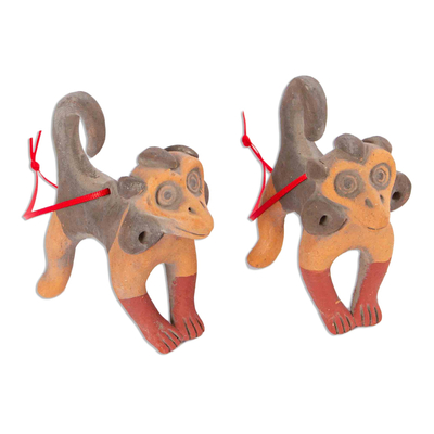 Ceramic ornaments, 'Totonaca Apes' (pair) - Clay Mesoamerican Ape Ornaments from Mexico (Pair)