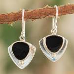 Obsidian dangle earrings, 'Taxco Triad' - Obsidian and 950 Taxco Silver Earrings