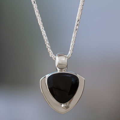 Obsidian pendant necklace, 'Taxco Triad' - Handmade Obsidian Pendant Necklace in 950 Silver