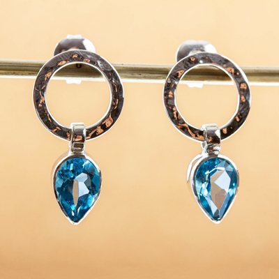 Blue topaz drop earrings, 'Captive Sky' - Hammered 950 Silver Blue Topaz Earrings