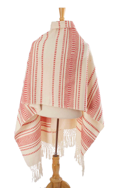 Cotton rebozo, 'Oaxacan Rhythm in Red' - Hand Woven Off-White and Red Rebozo Shawl