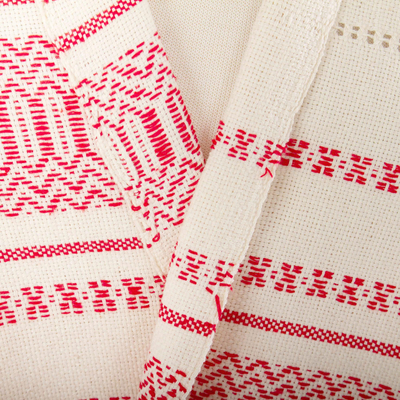 Cotton rebozo, 'Oaxacan Rhythm in Red' - Hand Woven Off-White and Red Rebozo Shawl