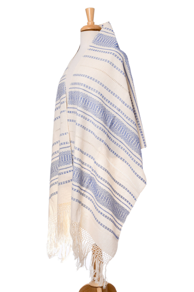 Cotton rebozo, 'Oaxacan Rhythm in Sapphire' - Hand Woven All Cotton Rebozo in Blue and Off-White