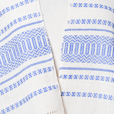 Cotton Shawl, 'Oaxacan Rhythm in Sapphire' - Hand Woven All Cotton Rebozo in Blue and Off-White