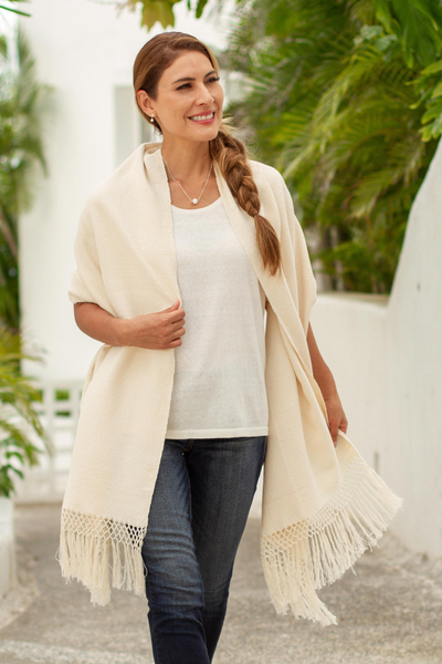 Cotton rebozo, 'Oaxacan Nature' - Natural Ivory Cotton Rebozo from Mexico