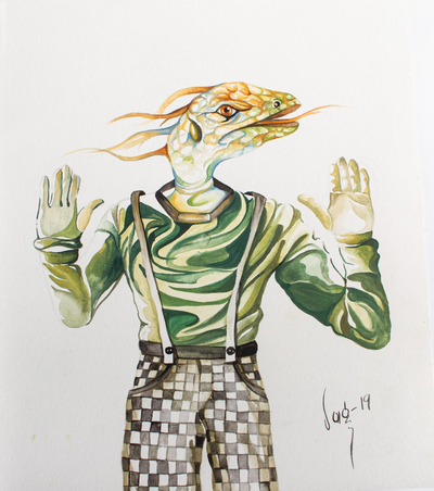 Watercolor on Paper Painting of Reptile Man