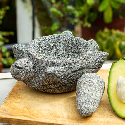Basalt molcajete, 'Turtle Tradition I' - Turtle Shaped Basalt Mortar and Pestle