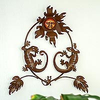 Iron wall sculpture, 'Gecko Family' - Handcrafted Iron and Ceramic Sun and Gecko Wall Sculpture