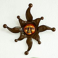 Iron and ceramic wall art, 'Harlequin Sun' - Iron and Ceramic Mexican Harlequin Sun Wall Sculpture Art