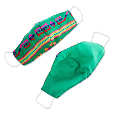 Gestickte Gesichtsmasken, (Paar) - 2 smaragdgrüne, mit Cambaya-Stoff gefütterte Gesichtsmasken