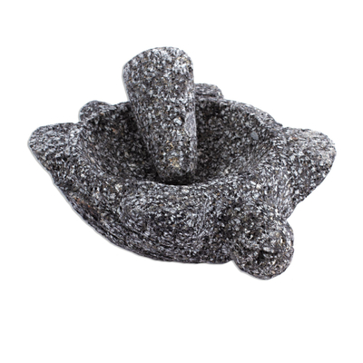 Basalt molcajete, 'Turtle Tradition II' - Turtle Shaped Traditional Mexican Mortar and Pestle Set