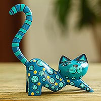 Wood alebrije sculpture, 'Turquoise Cat'