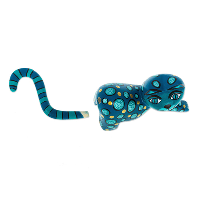 Wood alebrije sculpture, 'Turquoise Cat' - Modern Turquoise Cat Alebrije Sculpture