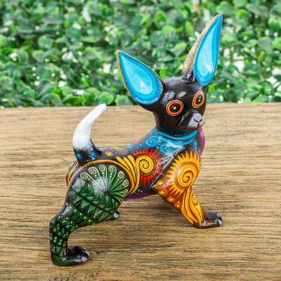Wood alebrije sculpture, 'Black Chihuahua' - Signed Multicolored Wood Chihuahua Alebrije
