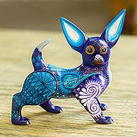 Wood alebrije sculpture, 'Blue Chihuahua' - Hand Painted Blue Chihuahua Alebrije