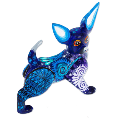 Alebrije-Skulptur aus Holz, 'Blauer Chihuahua'. - Handbemalter blauer Chihuahua Alebrije