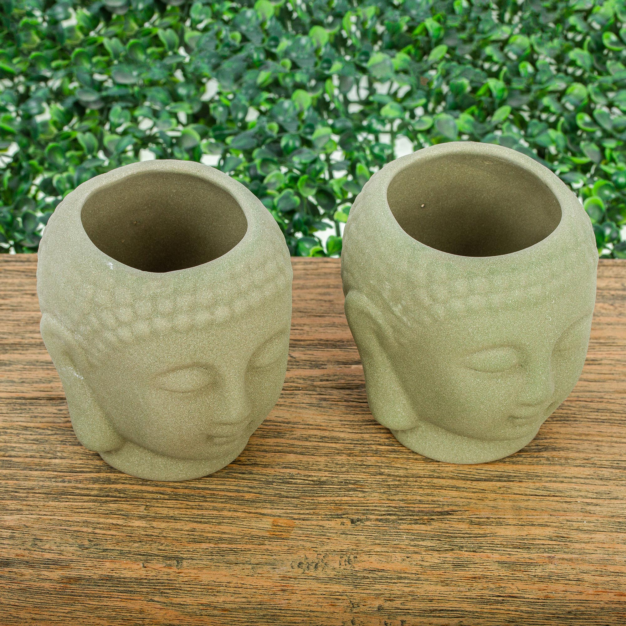 Small Ceramic Buddha Head Planters (Pair) - Head of the Buddha in Green ...