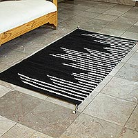 Wool area rug, 'Skyscrapers in Black' (2.5x5) - Black and Off-White Modern Wool Area Rug (2.5x5)
