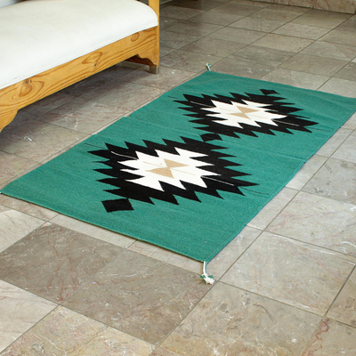 Teppich aus Wolle, 'Diamanten und Jade - Handgewebter Teppich mit natürlichen Farbstoffen