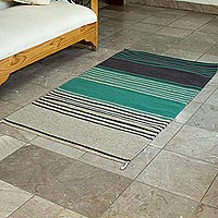 Wool area rug, 'Sierra Stripes' (2.5x5) - Green, Beige and Black Area Rug (2.5x5)