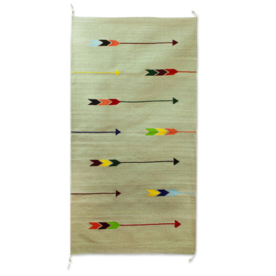 Wool area rug, 'Arrows West' (2.5x5) - Pale Green Area Rug with Arrows (2.5x5)
