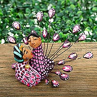 Keramik-Nahual-Skulptur, „Pink Peacock Couple“ – Rosa Pfau-Nahual-Keramikskulptur aus Mexiko