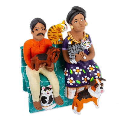 Escultura de cerámica - Escultura de cerámica artesanal de pareja amante de mascotas