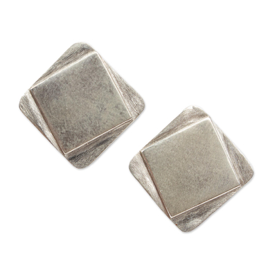 Sterling silver drop earrings, 'Squares Upon Squares' - Square Sterling Silver Drop Earrings