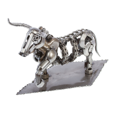 Recycled auto parts sculpture, 'Rustic Bull' - Rustic Recycled Metal Bull Sculpture