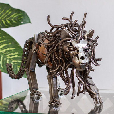 Recycled auto parts sculpture, 'Prowling Lion' - Rustic Recycled Metal Lion Sculpture