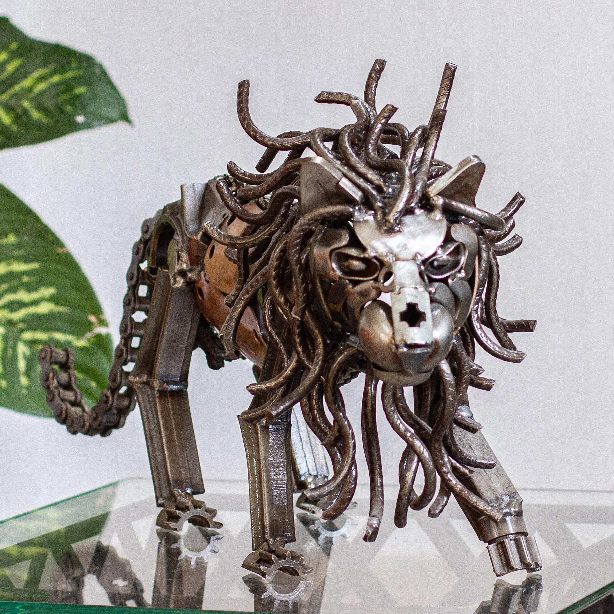 Rustic Recycled Metal Lion Sculpture Prowling Lion NOVICA