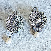 Cultured pearl filigree dangle earrings, 'Resplendent Heart' - Cultured Pearl Sterling Silver Filigree Earrings